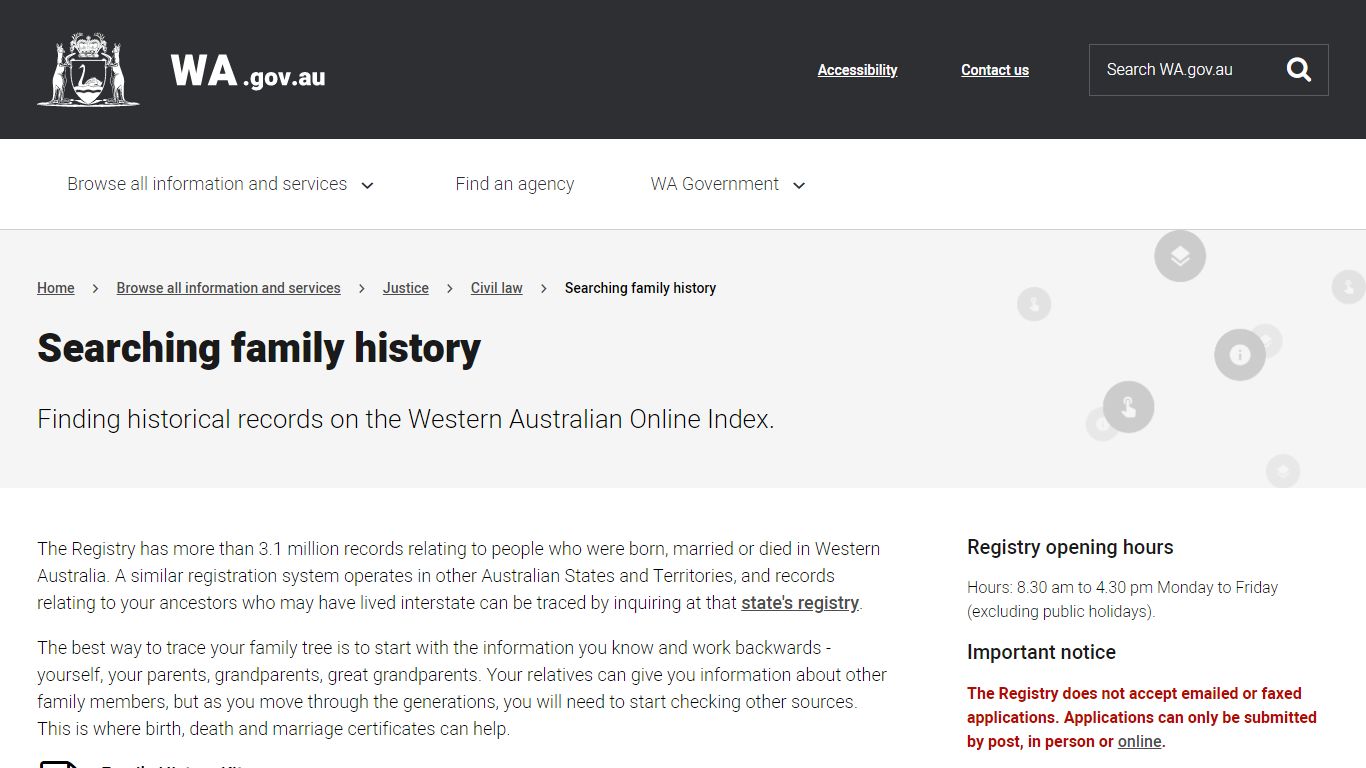 Searching family history | Western Australian Government